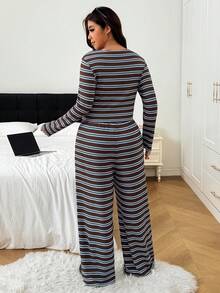 SHEIN EZwear Casual Striped Top And Pants Plus Size Women's Set - Multicolor - View 2