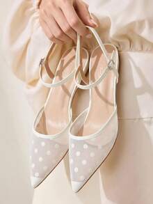 CUCCOO CHICEST Women Shoes Spring And Summer Polka Dot Mesh Splicing Buckle Strap Back Strap Pointed Flat Sandals, Home Commuting Dating Travel - White - View 1
