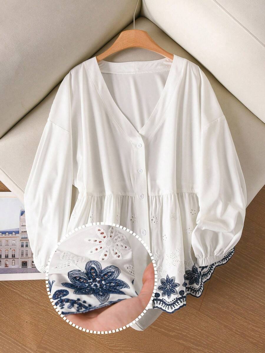 CosyJoli Plus Size Women's Hollow Embroidery Long Sleeve Single-Breasted Casual Shirt