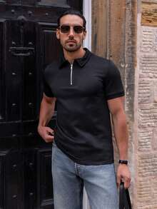 YOUESAWY YOUESAWY Men Quarter Zipper Polo Shirt, Formal - Black - View 3