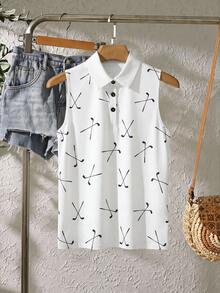 SHEIN LUNE Damen-Tanktop in großen Größen mit Polokragen und Golfclub-Muster, lässig - Weiss - Übersicht 1