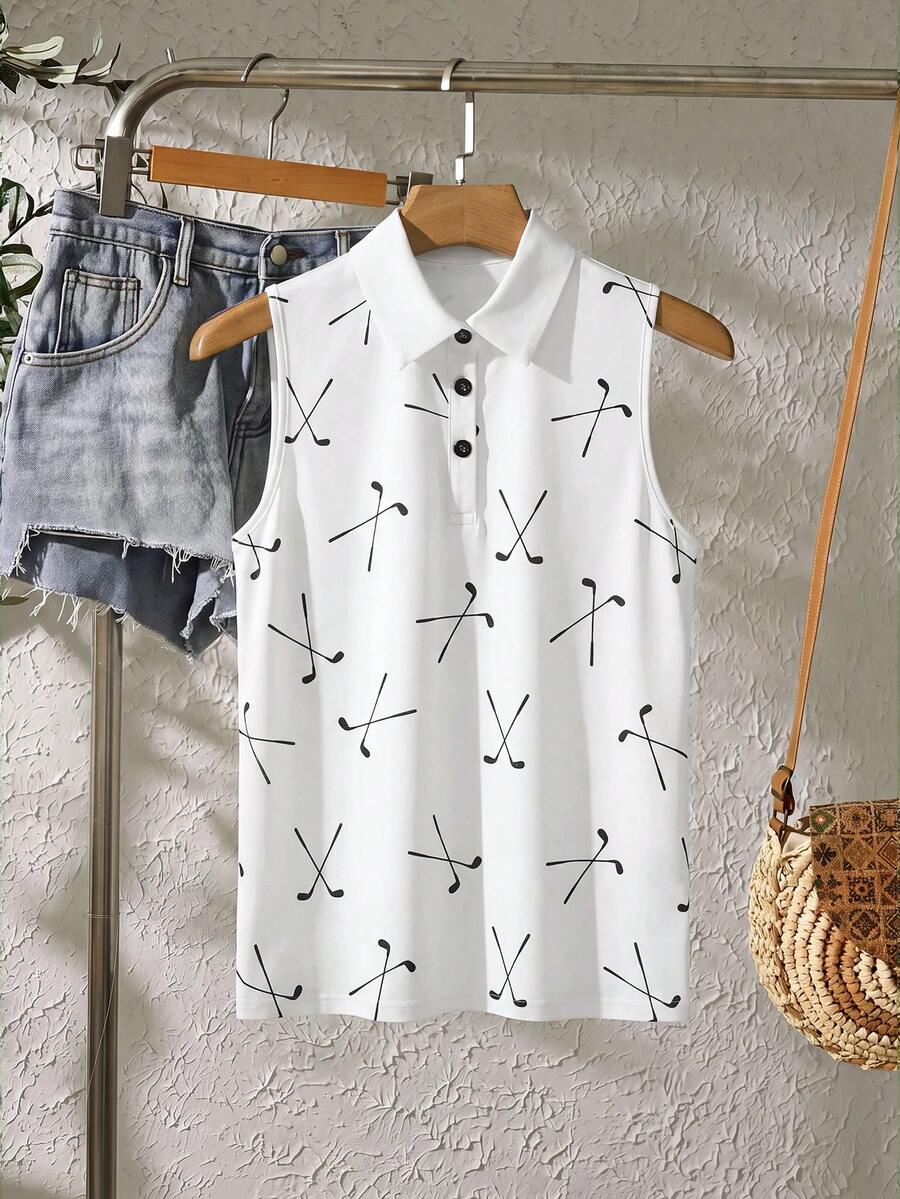 SHEIN LUNE Damen-Tanktop in großen Größen mit Polokragen und Golfclub-Muster, lässig - Weiss - Übersicht 1