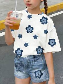 白色夏季可愛度假風復古花卉圖案青少年女孩休閒圓領短袖T恤與短褲2件套，時尚青少年女孩服飾 - 彩色 - 查看 5