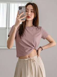 Dazy-Less Solid Color Round Neck Casual Short Sleeve T-Shirt Summer,Crop Tops Women Business Casual Woman Work Clothes - Purple - View 2