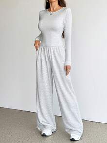 SHEIN Tall 女款秋季休閒長袖上衣與長褲兩件套 - 灰色 - 查看 6