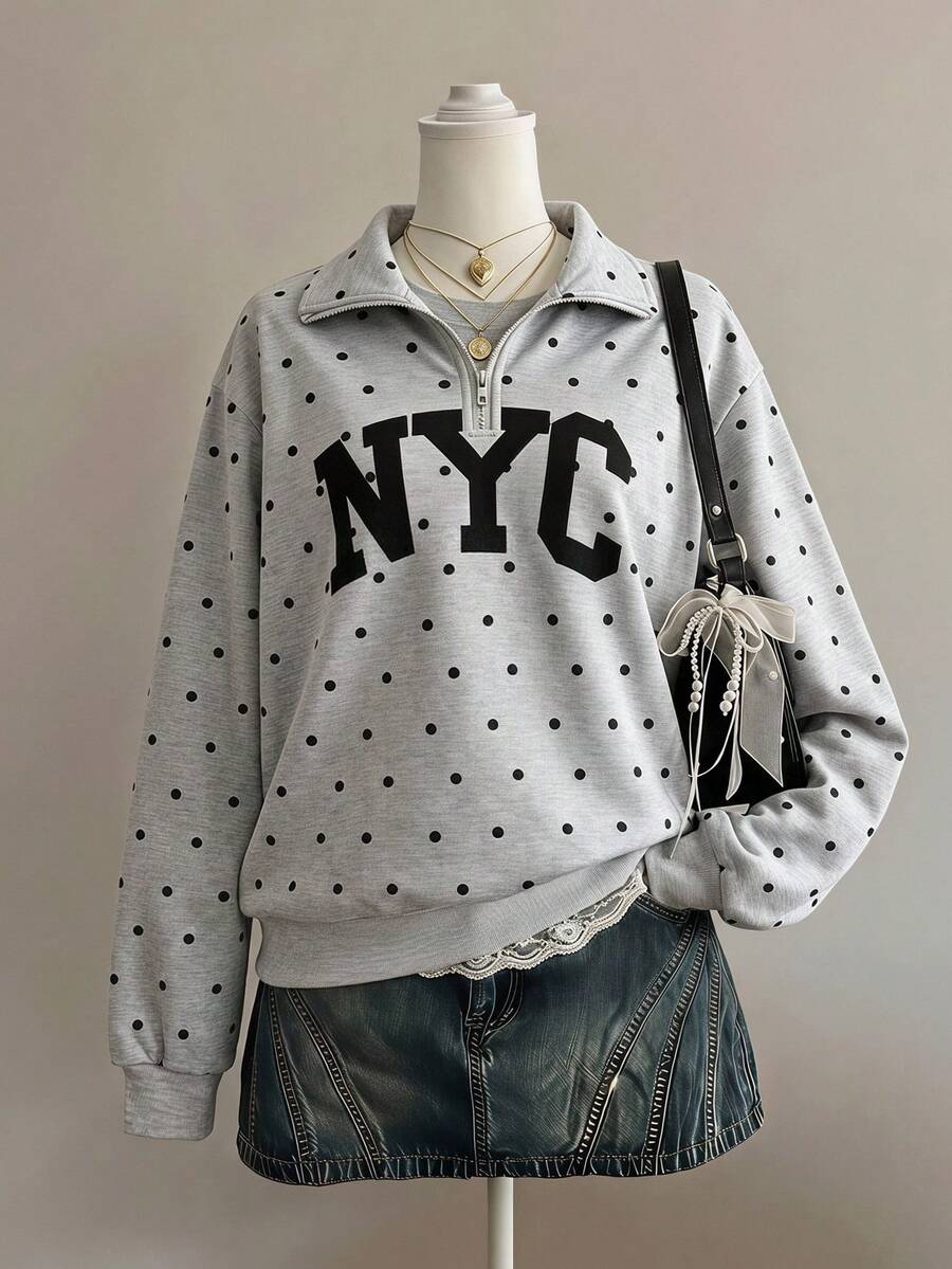 SHEIN Sparklyn 青少年女孩秋冬休閒波點與字母印花運動衫 - 灰色 - 查看 1