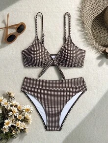 Swim Mod 女款夏季棕色豹紋細肩帶性感海灘度假比基尼泳衣兩件套 - 棕色 - 查看 4