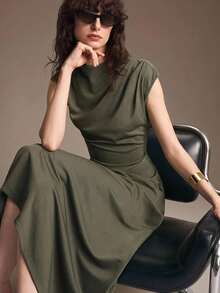 Ontre Women's Army Green Comfortable Elastic Fabric Slim Fit Asymmetric Slanted Neckline Cap Sleeve X-Shaped Dress With Patchwork Asymmetrical Large Hem Design, Modern Urban Fashion Business Casual Office Wear, Low-Key Old Money Style Elegant High-End Commuter High-Quality Airport Outfit, Autumn Essential Premium Comfortable Old Money Style Mid-Length Dress - Army Green - View 1