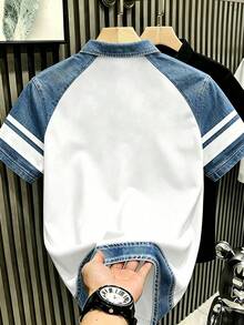 Manfinity Hypemode 中性印花 Polo 衫，對比色袖子，鈕扣開襟，藍色與白色，休閒日常穿著，適合男士與女士 - 彩色 - 查看 2