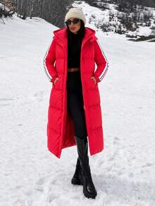 Fashion Style, Jacquard Tape Detailed Puffer Winter Coat - Red - View 3
