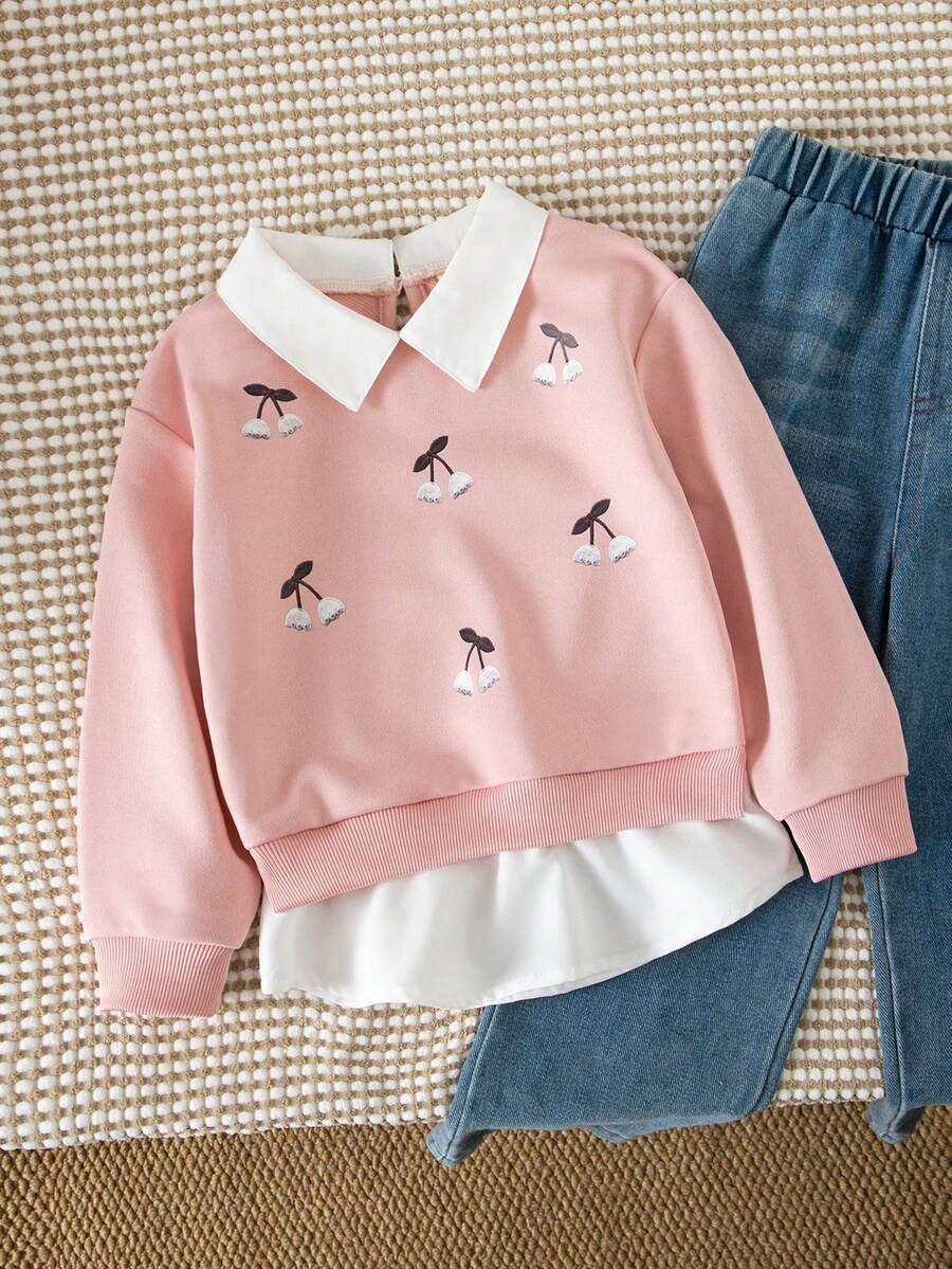 SHEIN 女童新款假兩件式衛衣襯衫,翻領寬鬆版型 - 藕粉色 - 查看 1