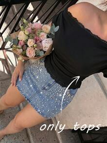 SHEIN MOD Plus Size Elegant Solid Color Lace Patchwork Asymmetrical Collar T-Shirt - Black - View 9