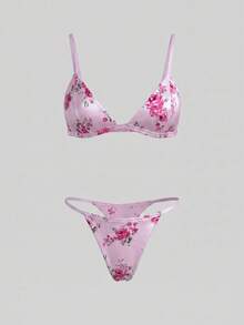 lacRébo Pink Satin Lingerie Set With Floral Print, Triangle Bra And Matching Thong Cute Chic Style - Multicolor - View 1