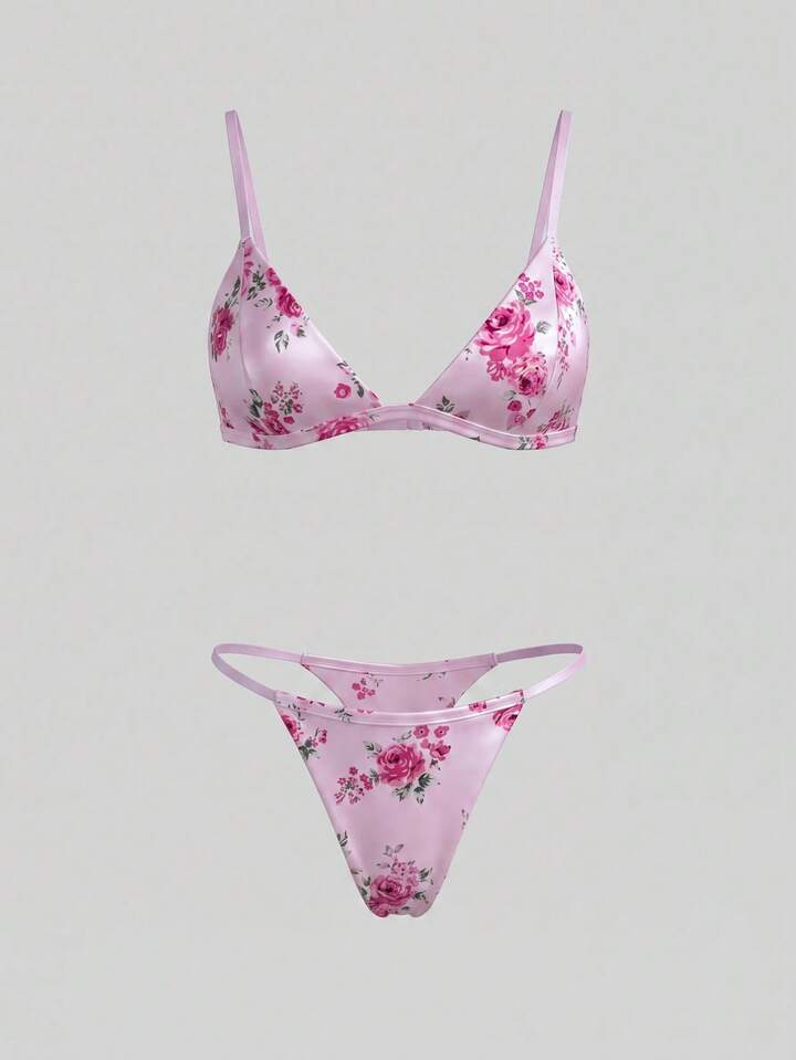 Rosa Satin Wäscheset mit Blumenmuster, Triangel-BH und passender Tanga, süßer schicker Stil｜lacRébo