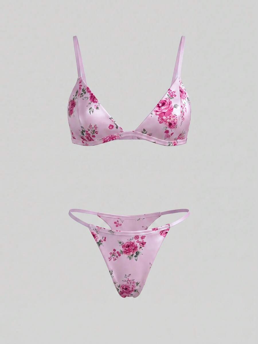 lacRébo Pink Satin Lingerie Set With Floral Print, Triangle Bra And Matching Thong Cute Chic Style - Multicolor - View 1