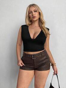 Auralis Plus Size Women Solid Color Buckle Design Casual Flapper Traditional Versatile Daily Wear Shorts Dates Night Brown Summer - Coffee Brown - View 2