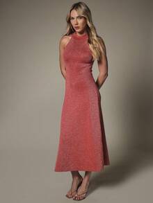 KSTM Halter Neck Lurex Knit Midi Dress With Racerback Detail Sleeveless Bodycon Silhouette Evening Party Occasion - Redwood - View 4