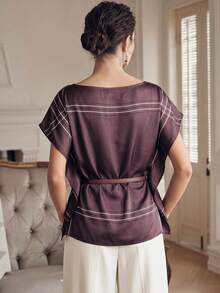Anewsta New Elegant Purple Women's Top, Scarf-Like Texture, Modern Office Style With Belt Detail - Purple - View 2