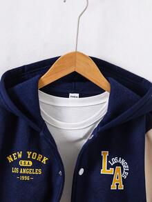 SHEIN Genkimix Kids Boys' Hooded Jacket With Front And Sleeve American Retro Yellow Letter Print Pattern Knit Sweatshirt Fabric Navy Blue And Apricot Color Block Design D - Multicolor - View 7