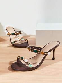 SHUZIA Sandal Wanita Minimalis Mewah dengan Hak Sedang 2,75 inci, Ujung Bulat, Sol Dalam Empuk, Tali Berhiaskan Manik-manik Permata, dan Bahan Kulit Imitasi Halus Warna Kopi – Bersih, Serbaguna & Elegan Tanpa Ribet - Coffee Brown - View 7