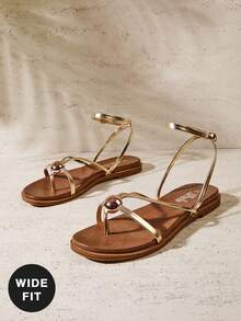 VACAZURE Women   Round Toe Wide&Cushioned Footbed Metal-Ball Decor Toe-Post Ankle Strap Metallic Pu Gold Flat Sandals – Chic, Clean & Comfortable - Gold - View 2
