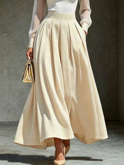 SHEIN Women's Spring/Summer New Apricot High-Waist Pleated Full Skirt, High-Waist Design, 3D Pleats Create Voluminous And Flowing Full Skirt, Suitable For Commuting, Travel And Other Occasions, Minimalist And Elegant French Style, Elegant Skirt, Autumn/Winter New Skirt, Commute Casual Skirt