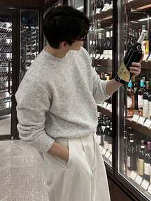 DAZY Men's Grey Marled Knit Sweater With Round Neck, Cuffed Sleeves And Hem, Spring/Autumn - Grey - View 3
