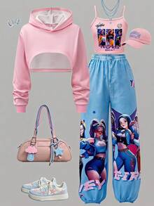 SHEIN ChillGRL 青少年女孩3件套針織字母印花衛衣、細肩帶背心上衣與工裝長褲，個性化K-Pop可愛粉色細肩帶套裝 - 藍色 - 查看 2