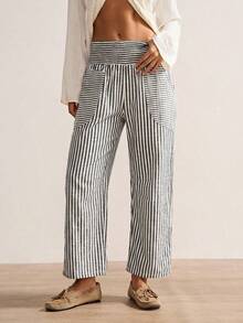 Bohemela Plus Size Casual Striped Pants For Vacation Fall - Blue and White - View 6