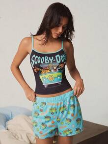 SCOOBY-DOO X SHEIN 女款字母卡通印花細肩帶上衣與短褲休閒居家睡衣套裝 - 薄荷綠 - 查看 3