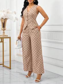 SHEIN Lady 女款蝴蝶結圖案單排扣背心與長褲休閒優雅兩件套 辦公室早午餐米色夏季 - 卡其色 - 查看 4