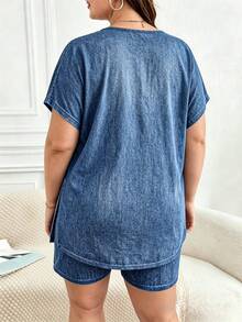 SHEIN Frenchy 大码女式时尚休闲牛仔效果衬衫短裤两件套 - 彩色 - 查看 2