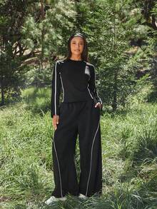 Levarali Legging Olahraga Kasual Harian untuk Wanita Ukuran Plus dengan Motif Blok Warna dan Tali Serut di Pinggang, Cocok untuk Perjalanan dan Aktivitas Luar Ruangan. - Hitam - View 3