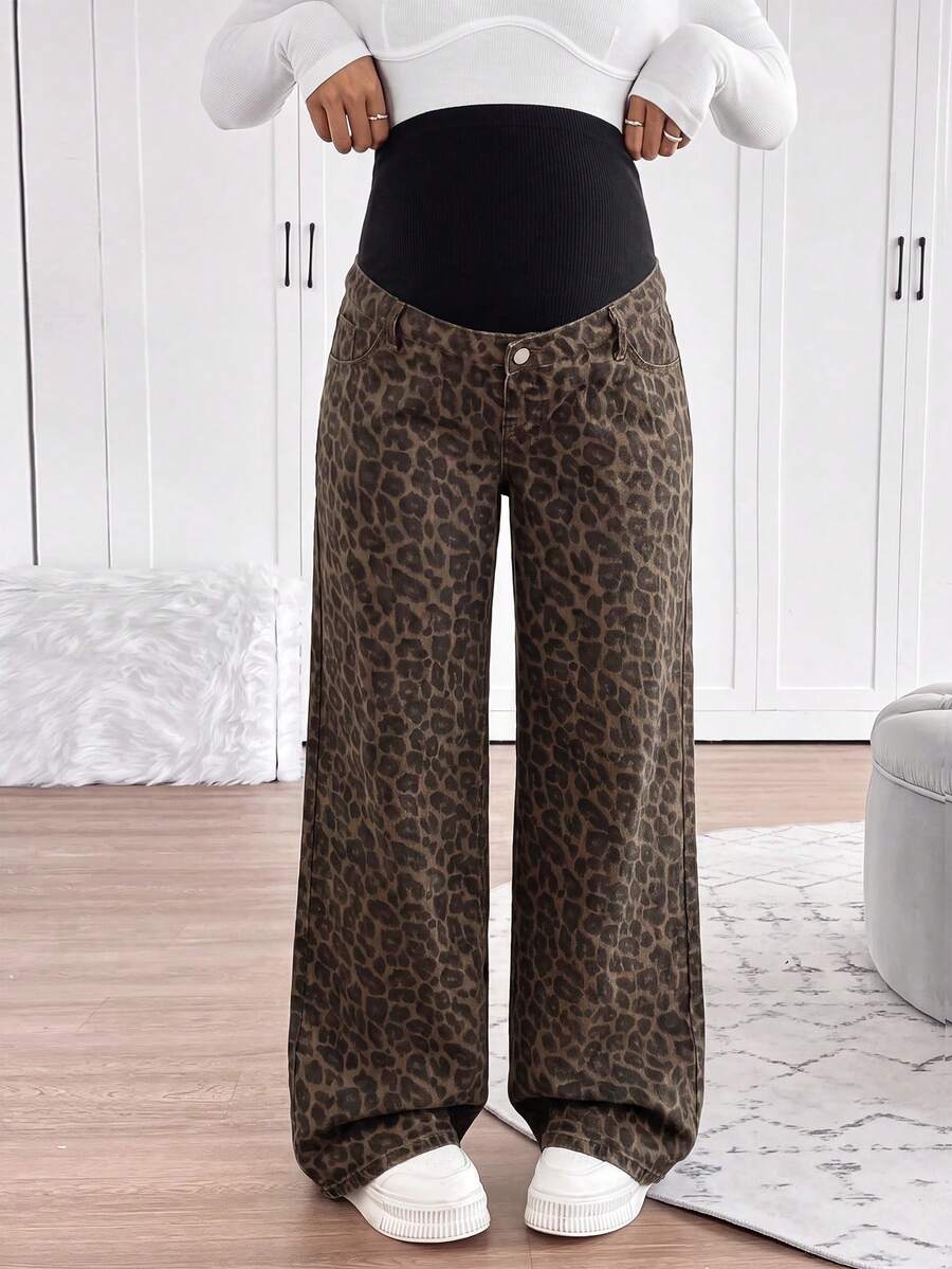 SHEIN 孕婦針織豹紋牛仔寬鬆直筒長褲 女款牛仔女郎造型豹紋褲 - 棕色 - 查看 1
