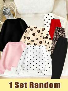 (Patrón aleatorio, 1 set aleatorio) Sudadera básica de cuello redondo con estampado de leopardo brillante, corazón, lazo y lunares para niñas, con leggings - Multicolor - Ver 2