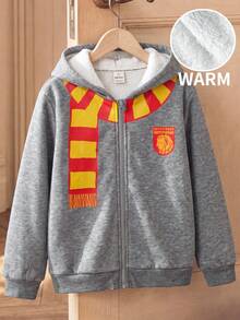 PrepCrw HARRY POTTER X SHEIN 1件兒童小女孩優雅學院風休閒精緻舒適基礎百搭灰色印花開襟毛絨下擺長袖連帽外套，適合返校、外出、休閒活動、聚會，秋冬穿著 - 灰色 - 查看 7