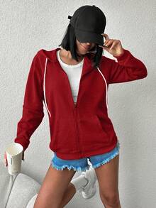 Wovencharm Wovencharm Zip Up Drawstring Hooded Sweatshirt - Red - View 3