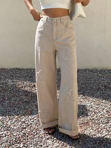 Livesso Women's Fashion Button Embroidered Pocket Denim Jeans Streetwear Versatile Fall - Khaki - View 1