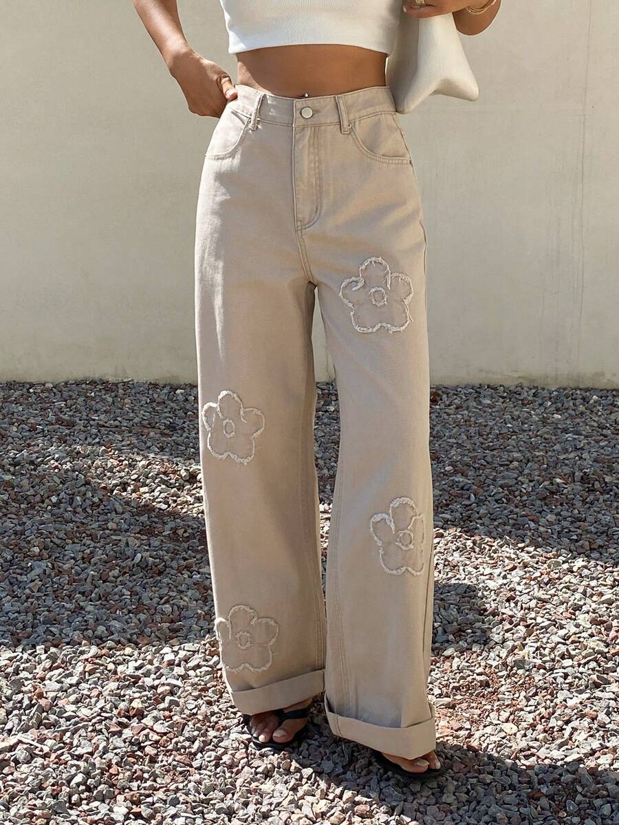 Livesso Women's Fashion Button Embroidered Pocket Denim Jeans Streetwear Versatile Fall - Khaki - View 1