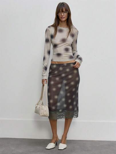 MUSERA Fustă midi din plasă transparentă cu polcăe blurate, tiv din dantelă, pentru toamnă, drăguță, pentru zi de zi, stil girly, dulce și jucăuș