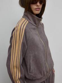 MUSERA 仿麂皮側條紋拉鍊高領運動夾克，秋季可愛日常甜美俏皮女孩風 - 灰色 - 查看 6
