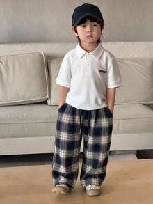 DAZY 小男孩休閒寬鬆格紋抽繩腰長褲 - 藏蓝色 - 查看 4
