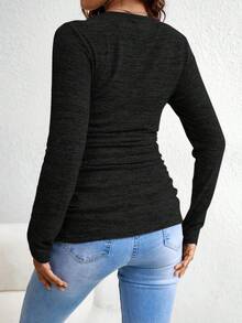 SHEIN 孕婦純色抓皺休閒百搭日常穿著T恤 秋季 - 黑色 - 查看 2