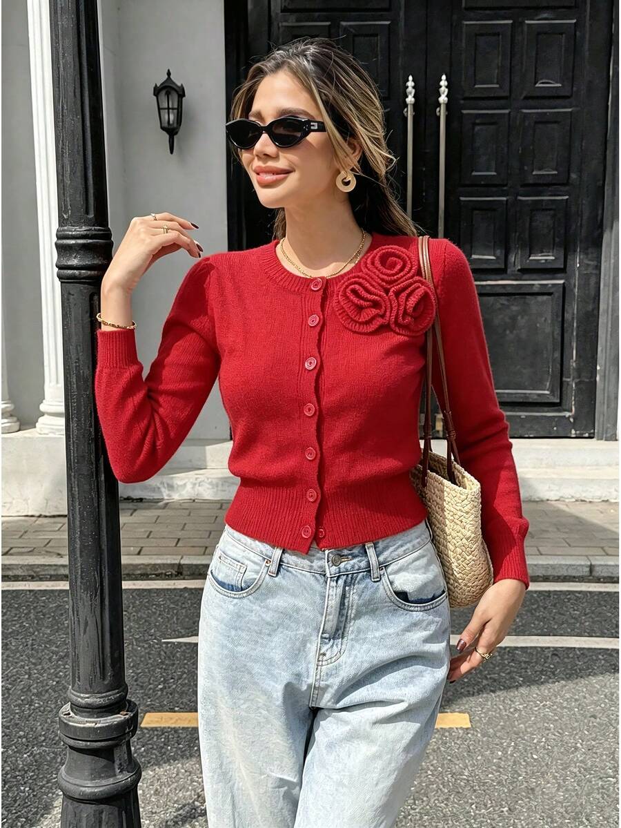 Pariaura Cardigan Wanita Elegan Musim Gugur/Dingin dengan Dekorasi Bunga 3D Merah, Pas Badan, dan Kancing Depan - Merah - View 1