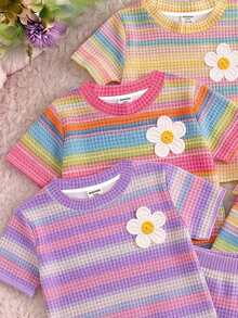 Kids Young Girl Casual Minimalist Cartoon Pattern Round Neck Short Sleeve Basic T-Shirt, Suitable For Spring/Summer, 3pcs -Piece Set - Multicolor - View 3
