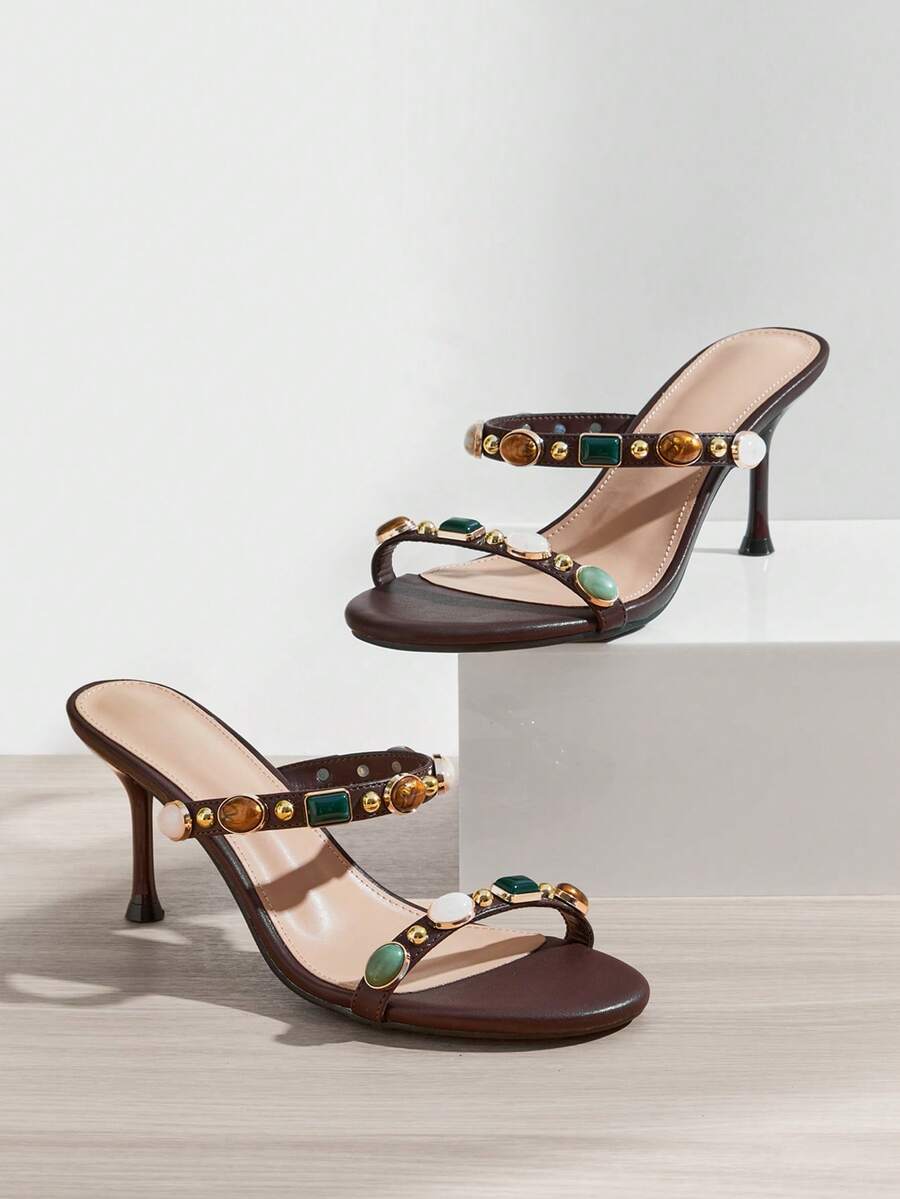 SHUZIA Sandal Wanita Minimalis Mewah dengan Hak Sedang 2,75 inci, Ujung Bulat, Sol Dalam Empuk, Tali Berhiaskan Manik-manik Permata, dan Bahan Kulit Imitasi Halus Warna Kopi – Bersih, Serbaguna & Elegan Tanpa Ribet - Coffee Brown - View 1