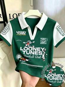 Resyla LOONEY TUNES X SHEIN Women's Summer Polo Collar Football Club Print T-Shirt - Green - View 1