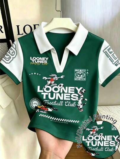 Resyla LOONEY TUNES X SHEIN Camiseta de mujer de verano con cuello polo y estampado de club de fútbol