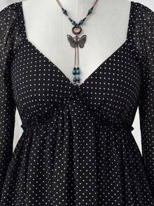 Sweetra Plus Size Polka Dot V-Neck Cute Cinched Waist Flattering Chiffon Blouse Top Fall - Black - View 6