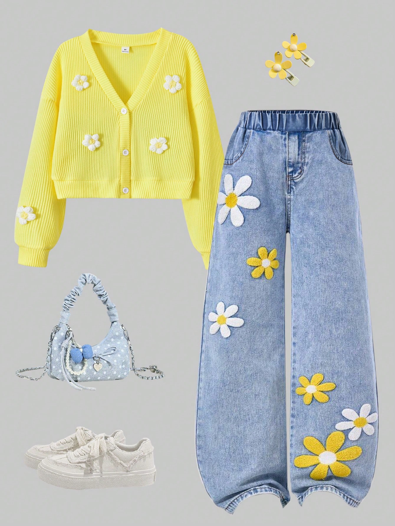Süßer Vintage lockerer Strick-Cardigan mit Blumenmuster und V-Ausschnitt + lockere Jeans mit geradem Bein und Blumenstickerei, Herbst, Herbst-Oberteile, Herbst-Outfits, Herbst